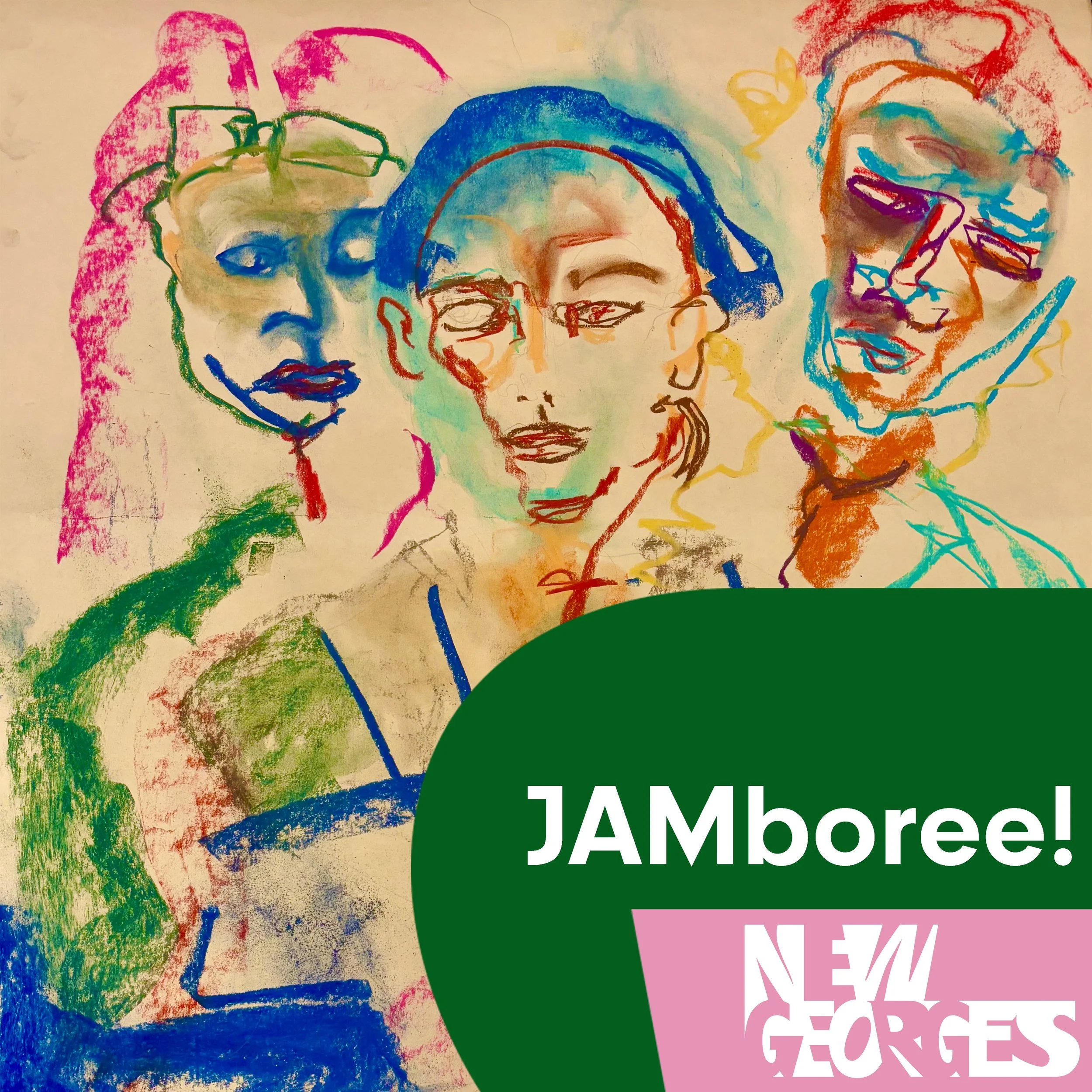 A colorful chalk drawing with strokes of royal blue, forest green, and magenta, depicting three figures gathered together gazing at the viewer.