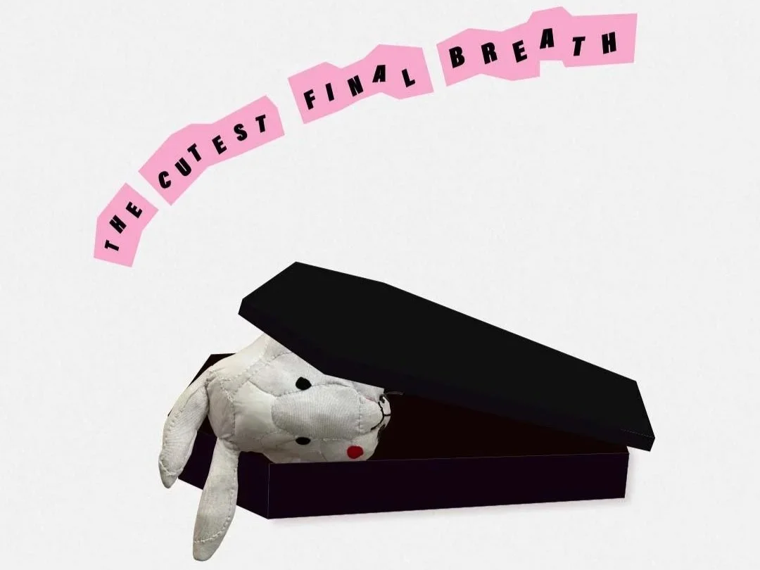 A white bunny doll's head peaks out of a black casket. Above the casket is the text "The Cutest Final Breath" in black lettering highlighted in pink, against a white backdrop.