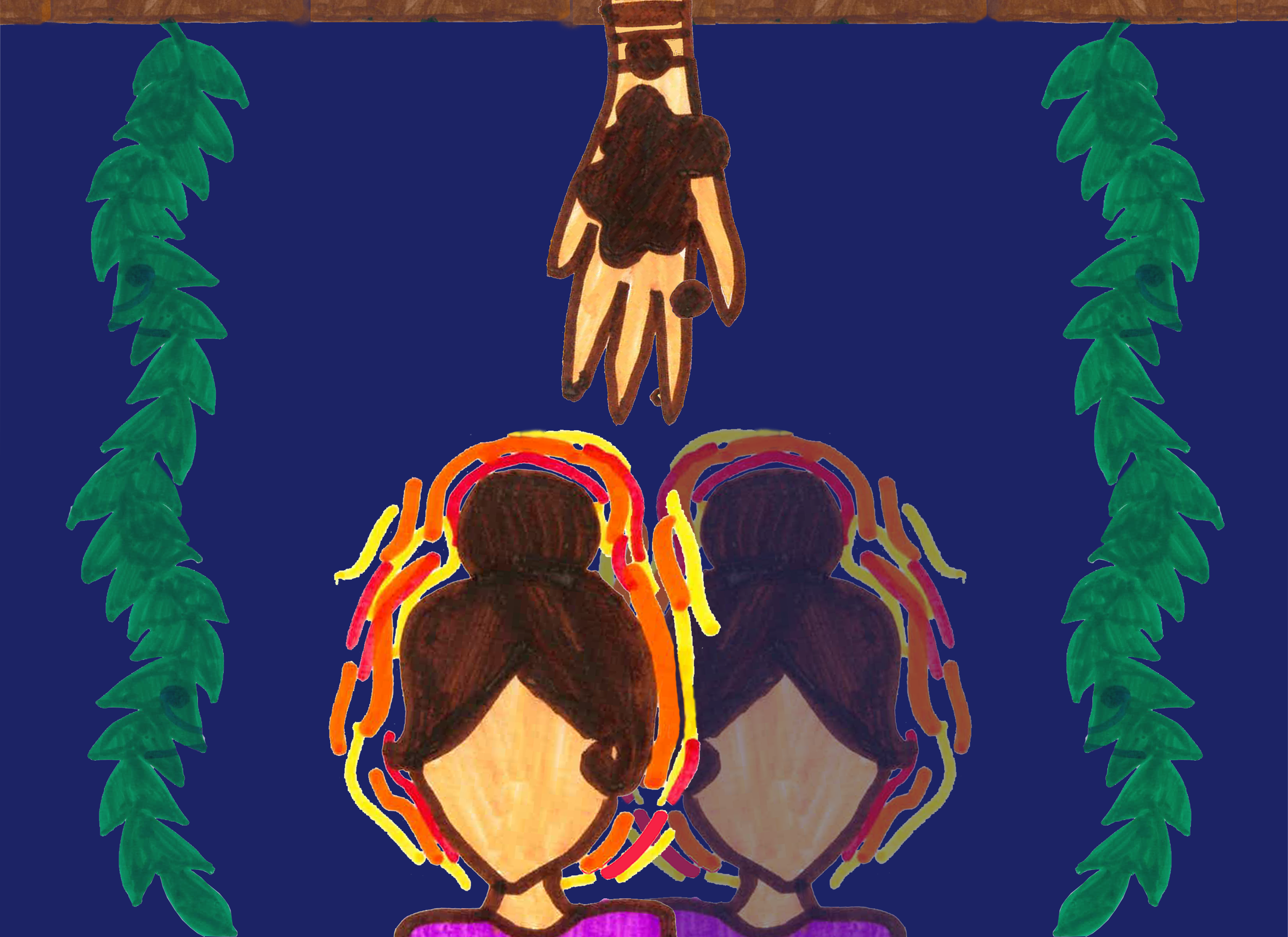 A drawing of a girl with a bun. Red and orange vibrating squiggles surround her head. A hand reaches down, pouring dirt. Two green vines encompass the drawing. The background is dark blue.