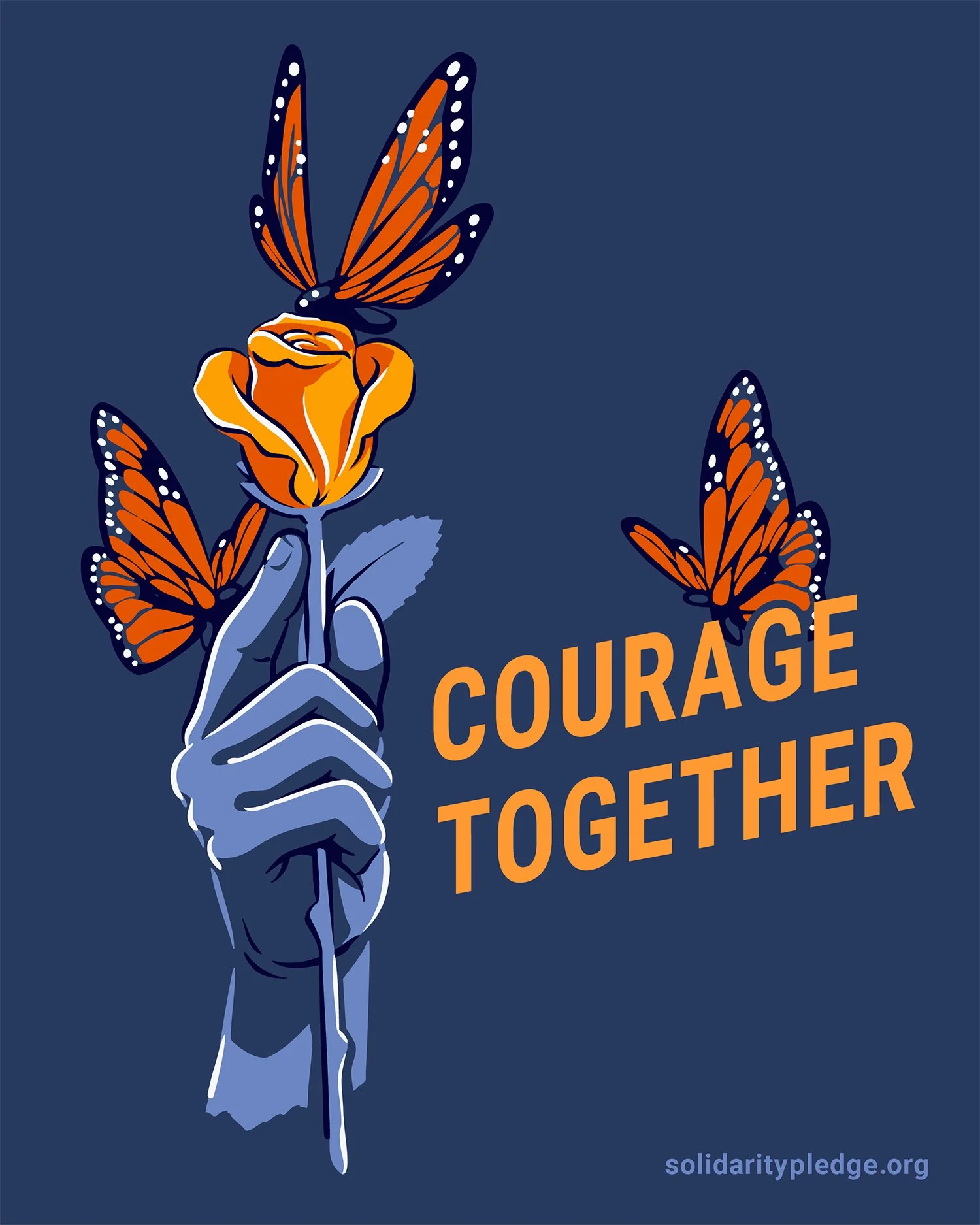 An animated flier featuring the text "Courage Together" next to a blue hand holding an orange rose surrounded by orange butterflies against a blue backdrop.