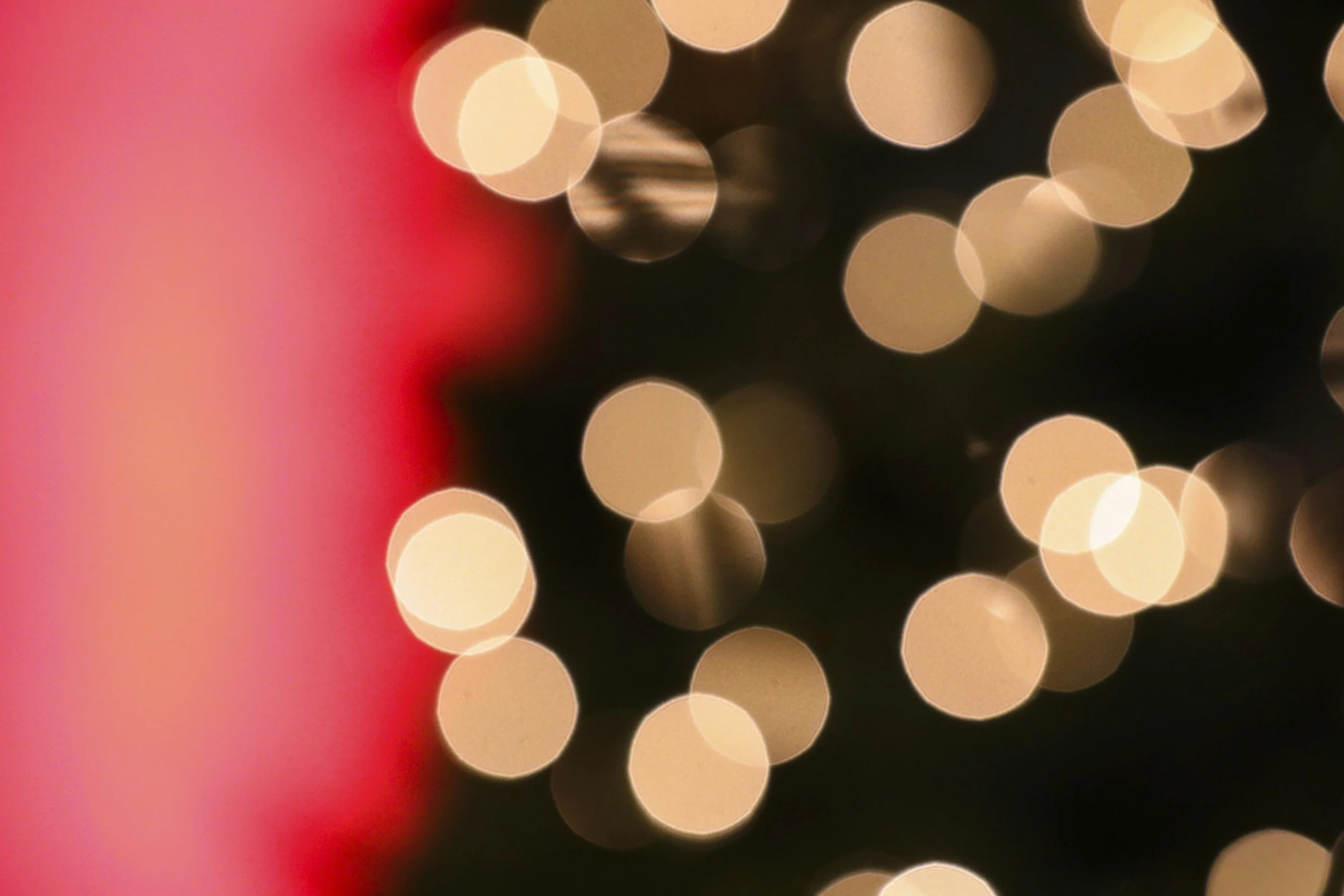 blurred Christmas tree with warm white lights and red background