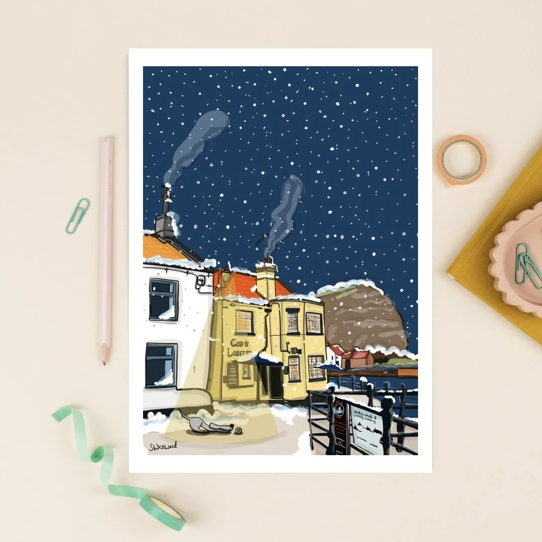 ❄️ Staithes in the Snow – Cod & Lobster Dog Art Print
