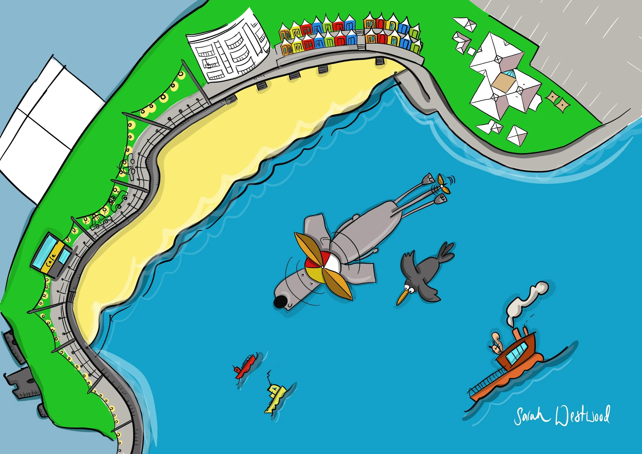 Colorful cartoon illustration of a coastal scene featuring a large propeller-driven submarine in the water with a black bird flying nearby. Two small boats, one red and one yellow, are also in the water. The scene includes a sandy beach, green grassy