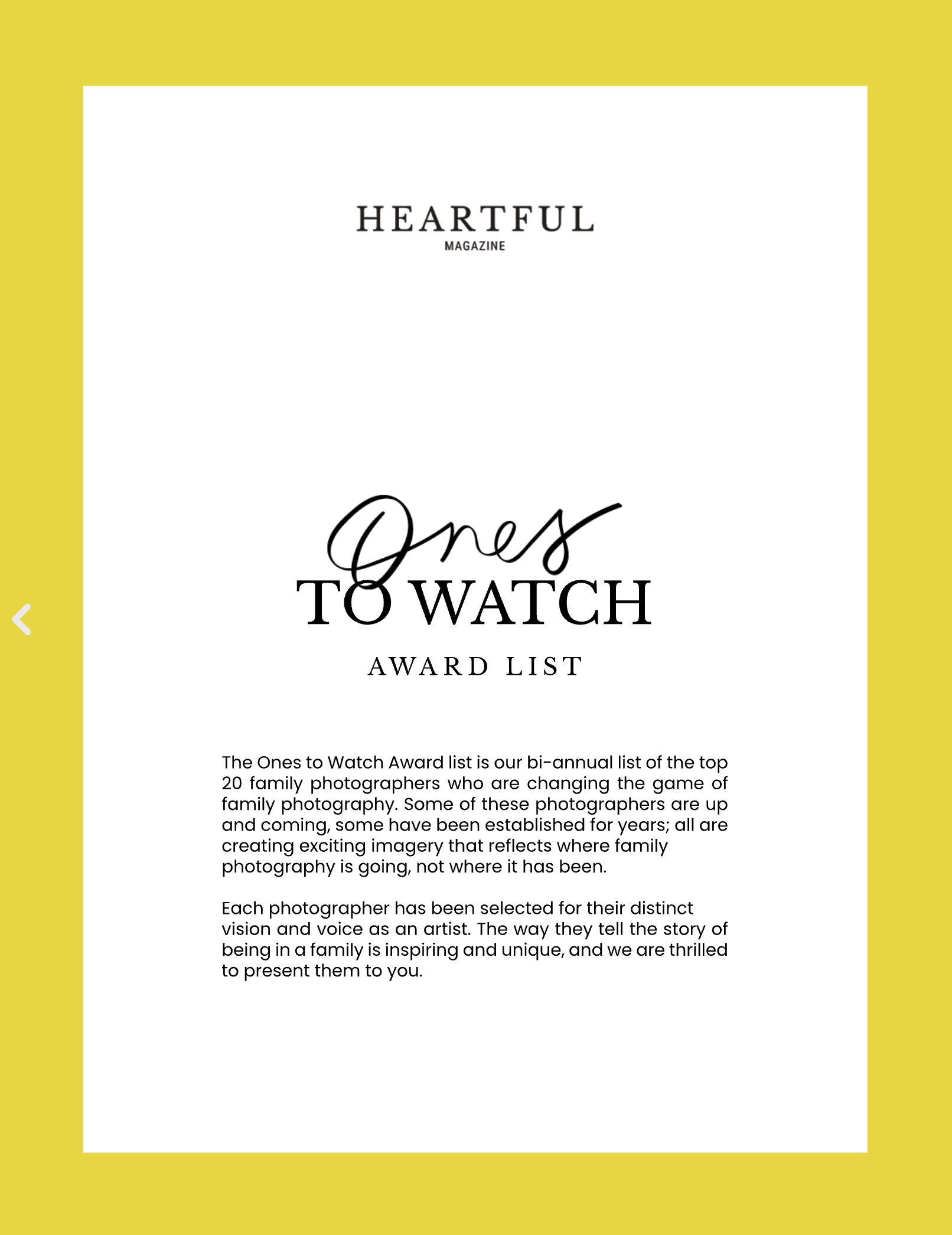 Heartful Magazine's Ones to Watch award list recognises Jonathan Ong among family photographers.