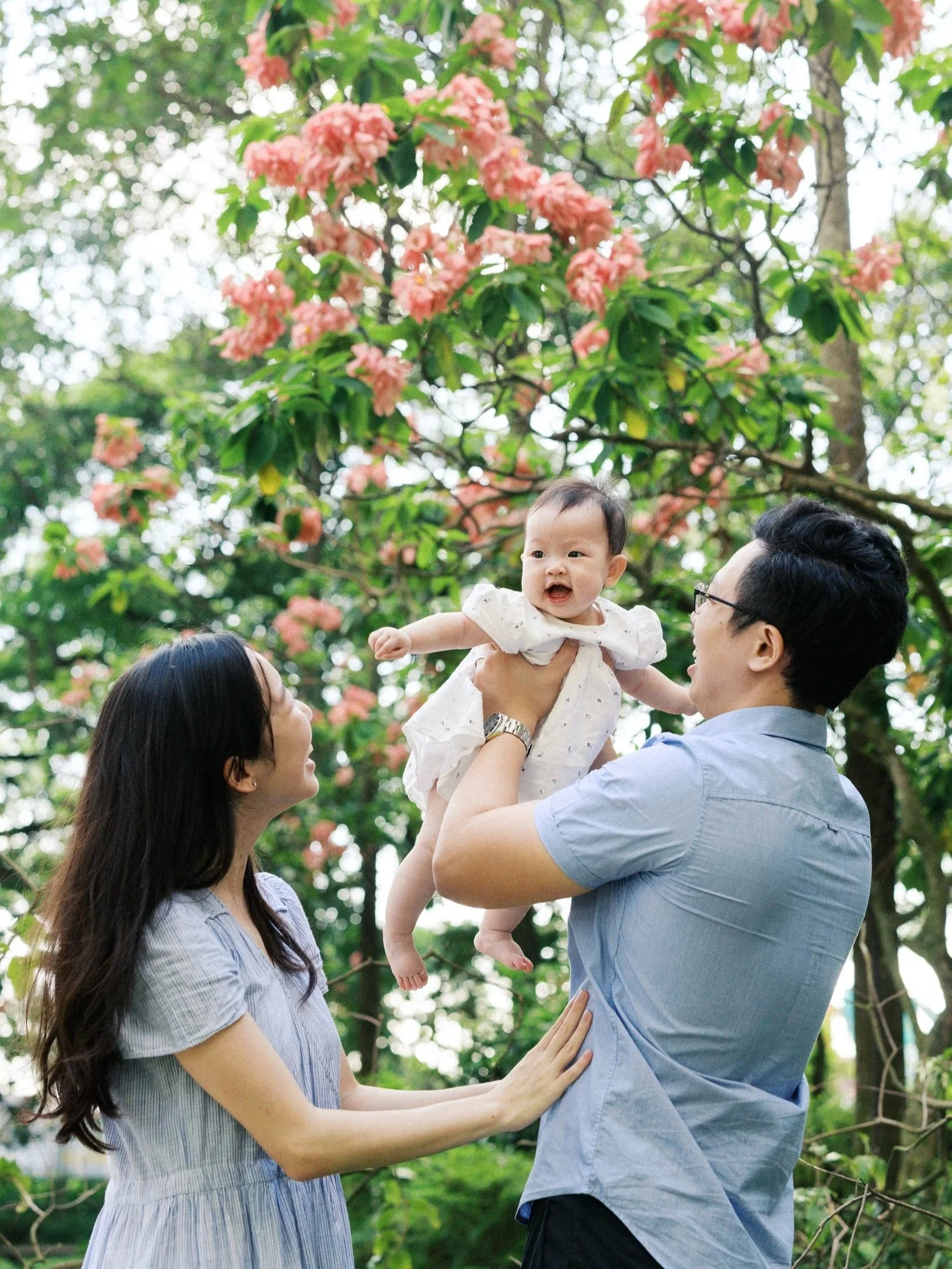 A father lifting up his daughter amongst a pink flowering tree with the mother looks on
