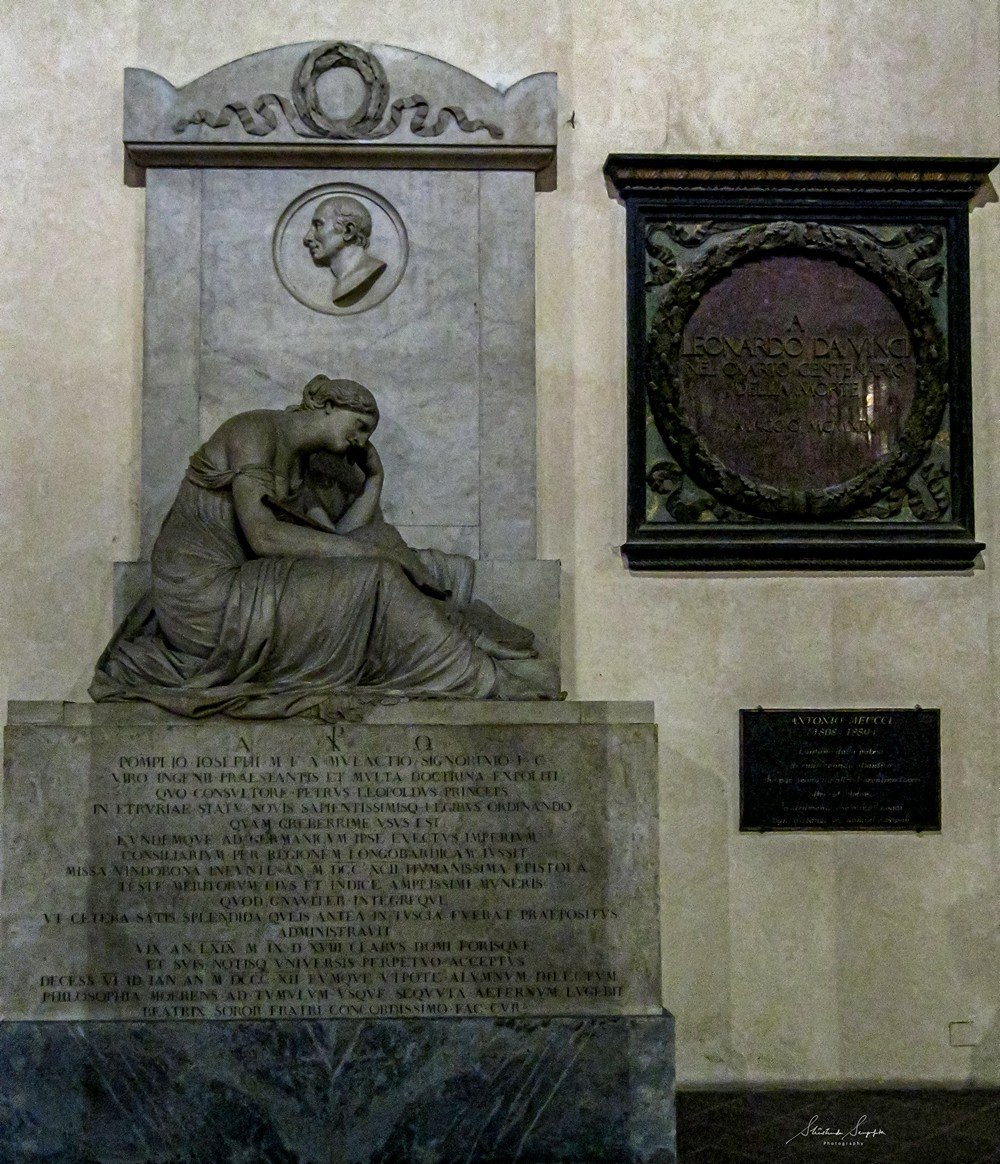 Funerary Monument of Antonio Santi Giuseppe Meucci at basilica di santa croce church in florence tuscany italy shot in summer