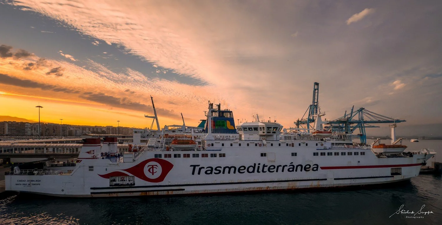 Sailing from Tangier in Morocco to Algeciras in Spain by ship during sunset