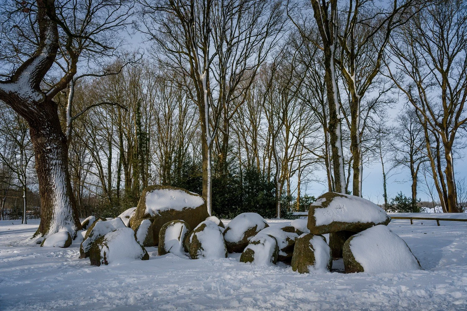 snow at d17 hunebed dolmen stonehenge in drenthe netherlands holland shot during sunset golden hour