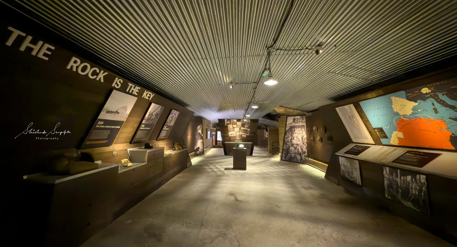 World War II tunnels at gibraltar british overseas territory comprising upper rock housing  hercules pillars macaque monkeys caves tunnels and lower city colonial architecture churches lively squares bustling streets