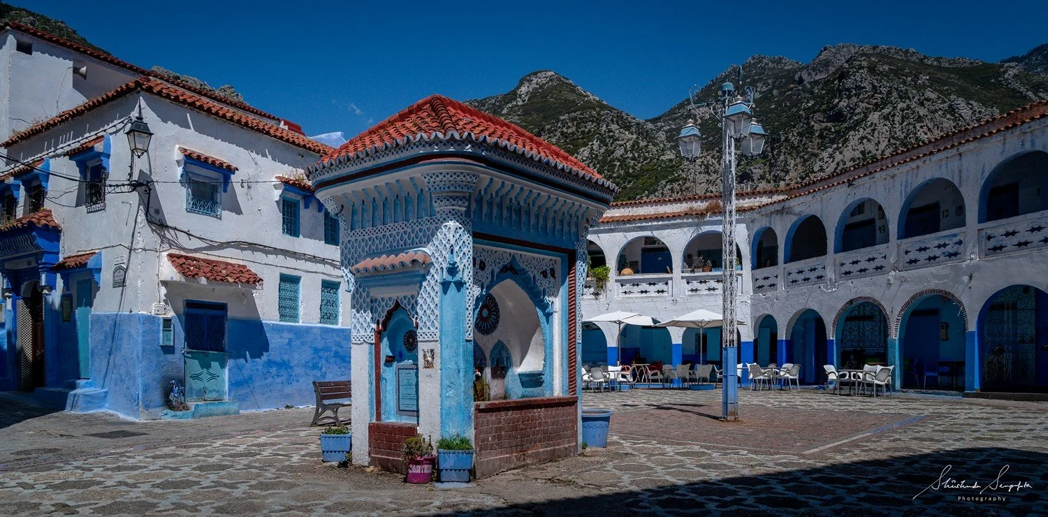 blue city of chefchaouen in morocco africa featuring blue medina alleyways place El Haouta plaza uta el hammam kasbah museum and sunset shot from bouzafer or spanish mosque