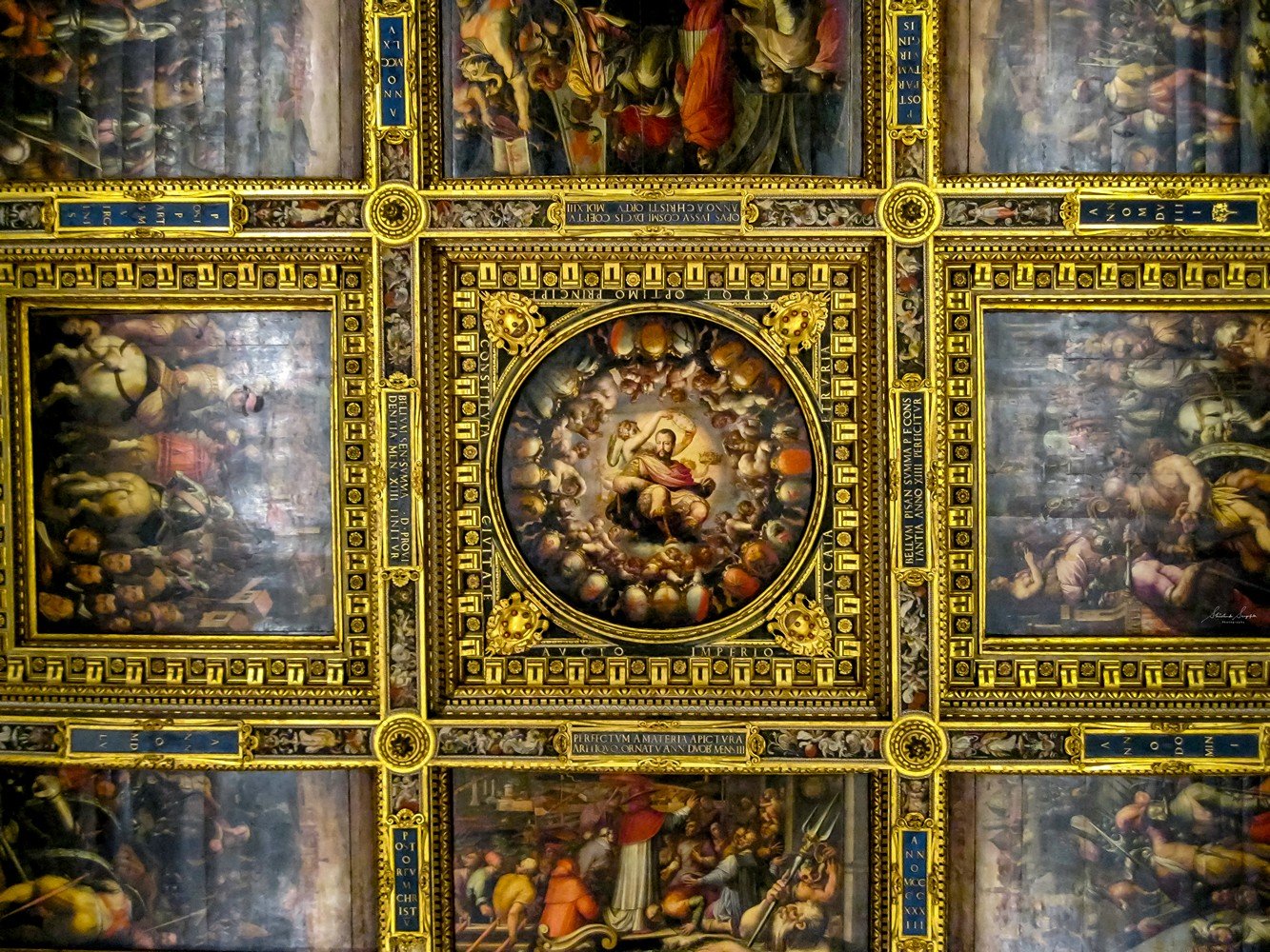 ‘Apotheosis of Cosimo I de' Medici’ by Vasari on the ceiling of ‘Hall of the Five Hundred’ inside palazzo vecchio town hall situated on piazza del signoria in florence tuscany italy shot during summer