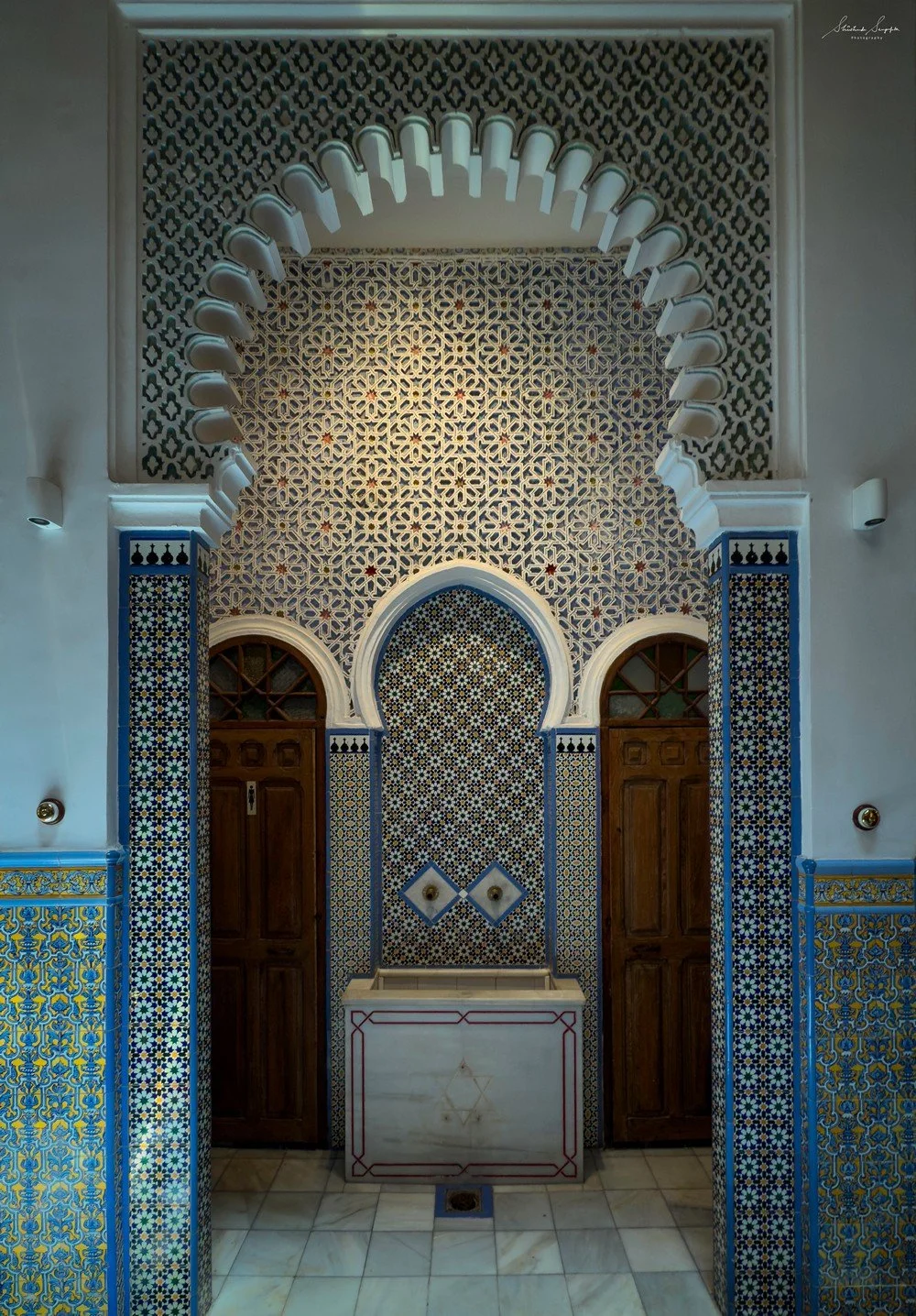 tetouan in morocco africa featuring blue and white palaces museums medina with houses doors windows city gate bab al okla dar el sanaa and oddi madrasa loukach white dove paloma blanca statue and panoramic viewpoint feddan park