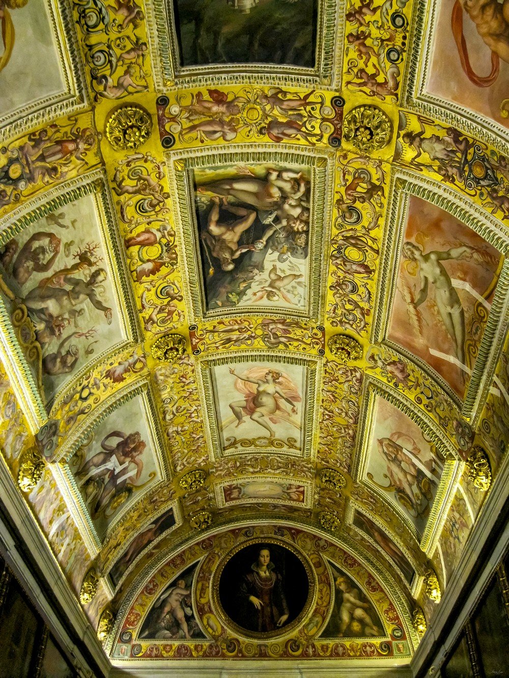 fresco on the ceiling of palazzo vecchio town hall situated on piazza del signoria in florence tuscany italy shot during summer