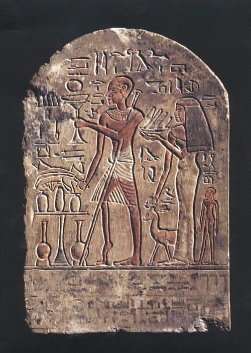 Egyptian stone carving during the reign of King Amenhotep III (14th century B.C.), showing person with polio