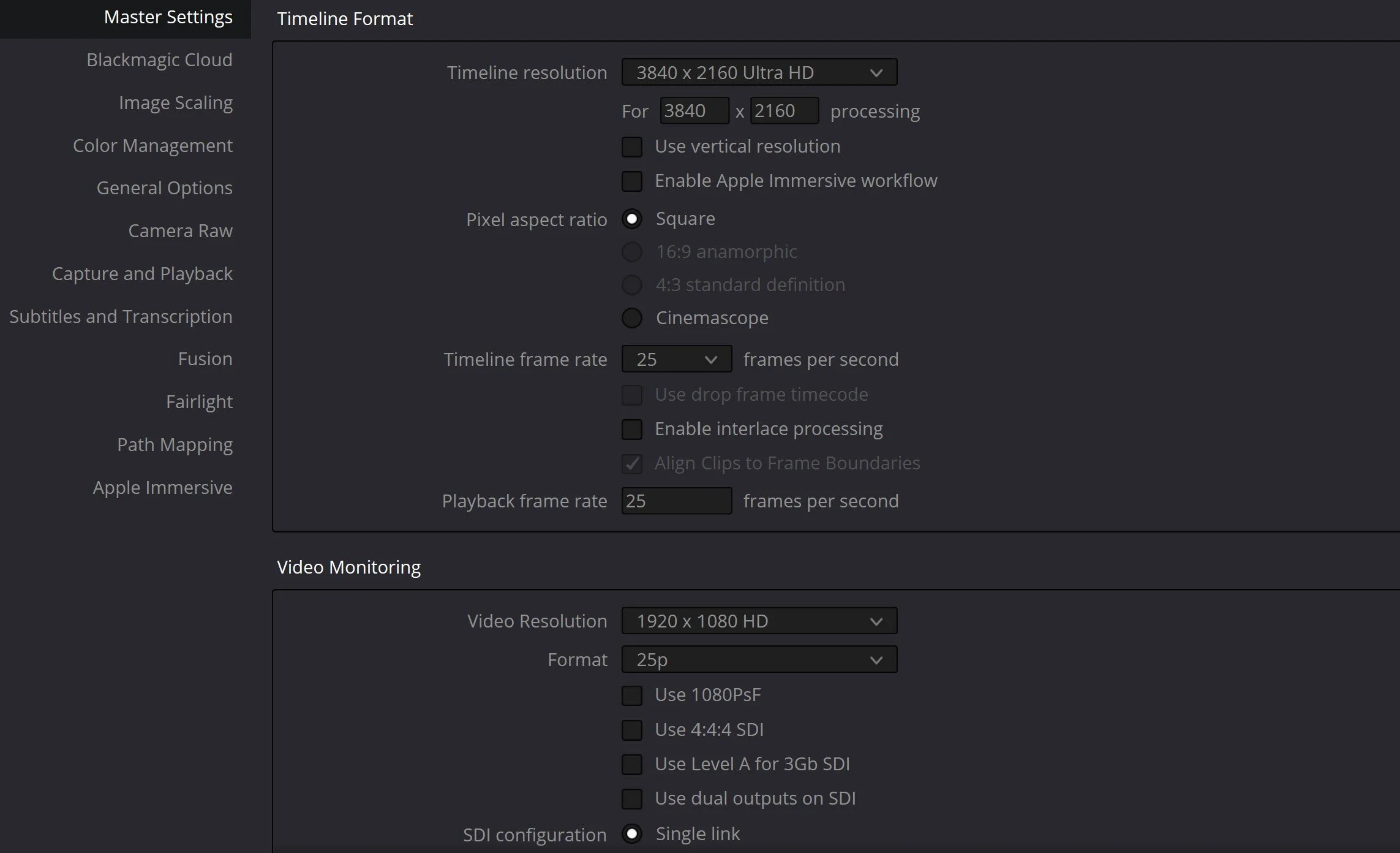da vinci resolve project settings