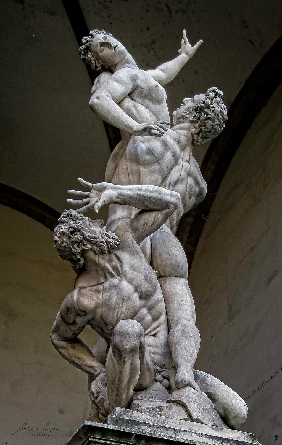 The Rape of the Sabine Women by Giambologna in loggia del lanzi near palazzo vecchio town hall situated on piazza del signoria in florence tuscany italy shot during summer