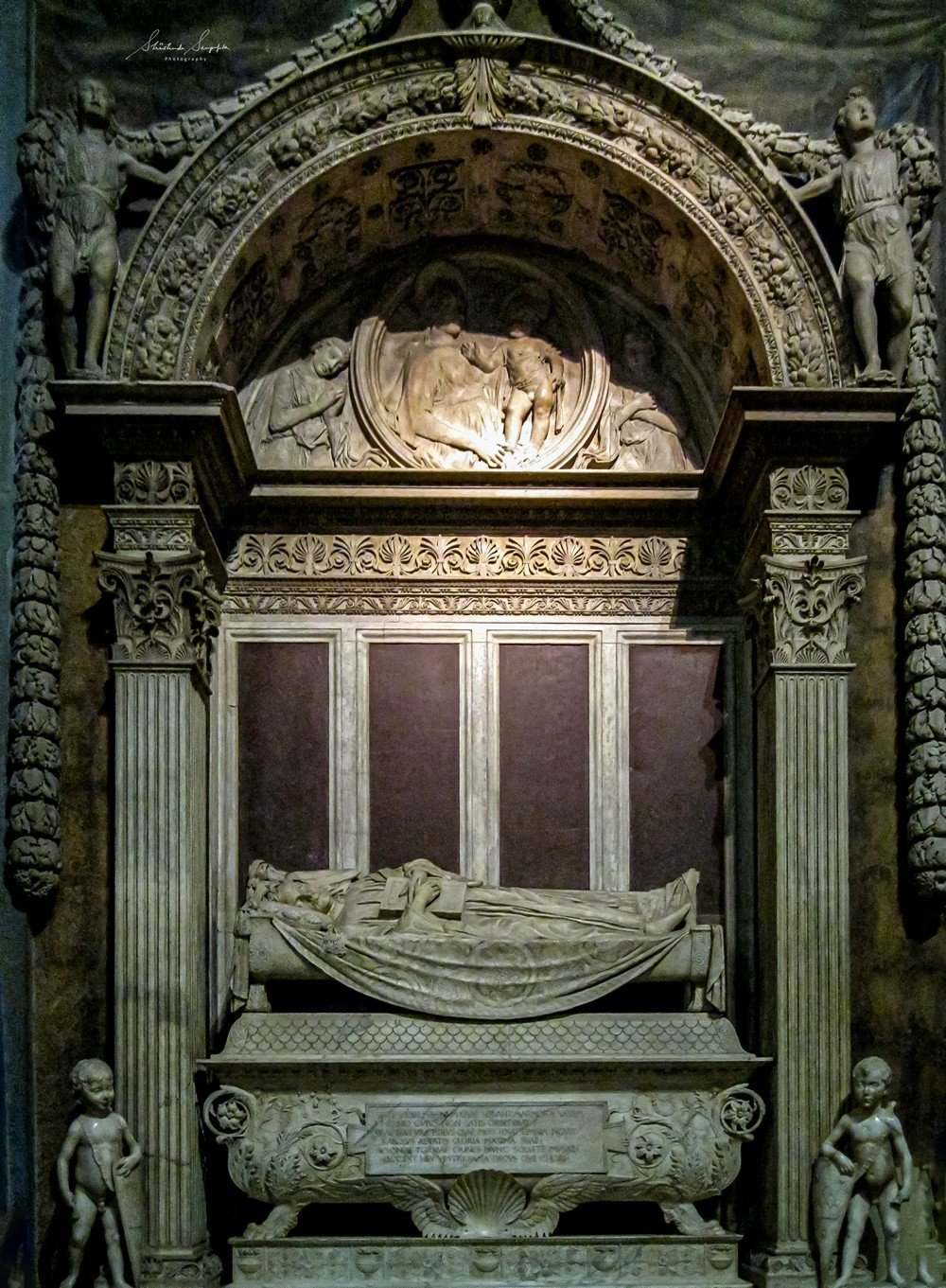 Funerary Monument of Carlo Marsuppini at basilica di santa croce church in florence tuscany italy shot in summer