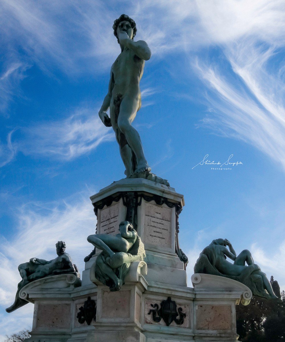 michelangelo's david replica in bronze on piazzale michelangelo square in florence tuscany italy