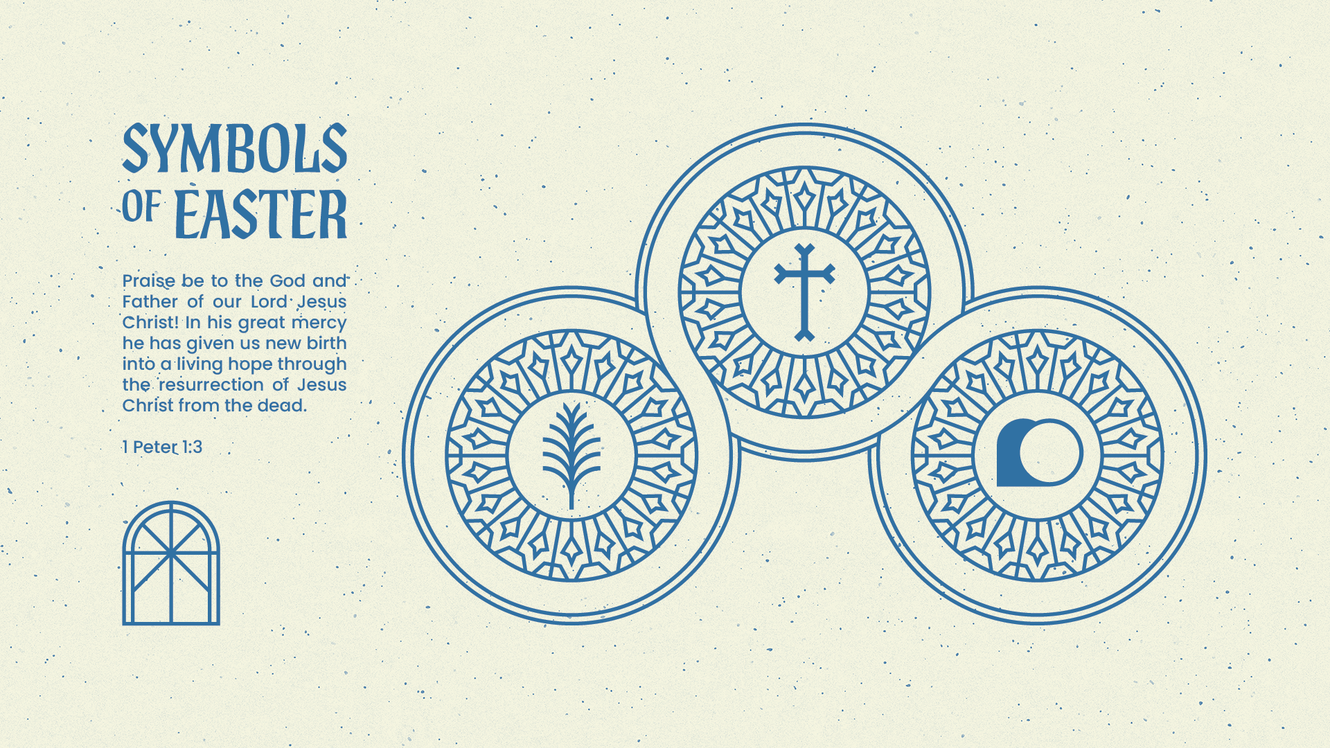 Easter symbols illustration with cross, palm leaf, and stone