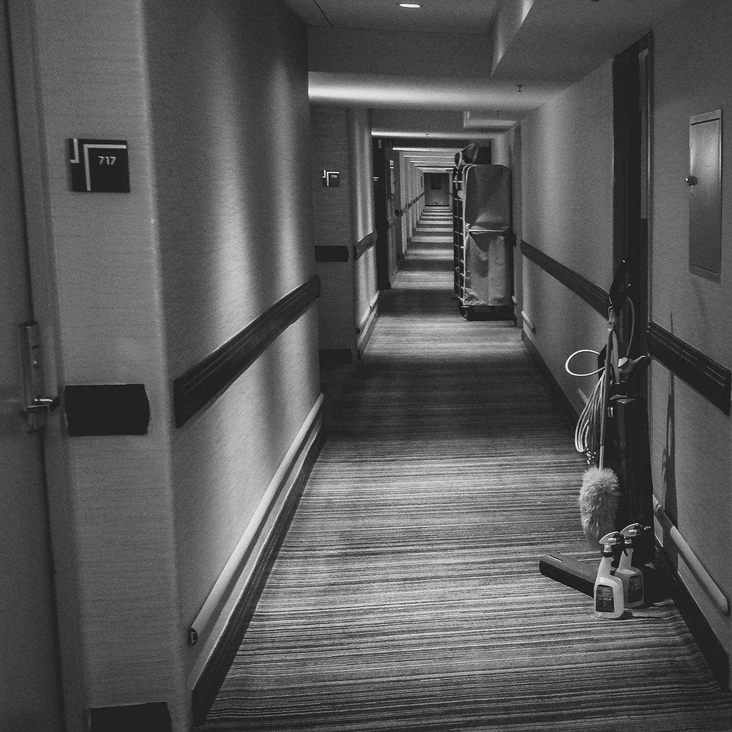 hotel. ...
&lsquo;a housekeeper&rsquo;s cleaning caddy and supplies await in the shadows&rsquo;
...
I try to &lsquo;see&rsquo; everyone just as I also want to be seen.  This need threads through the entire human race.... to be seen not only by our jo