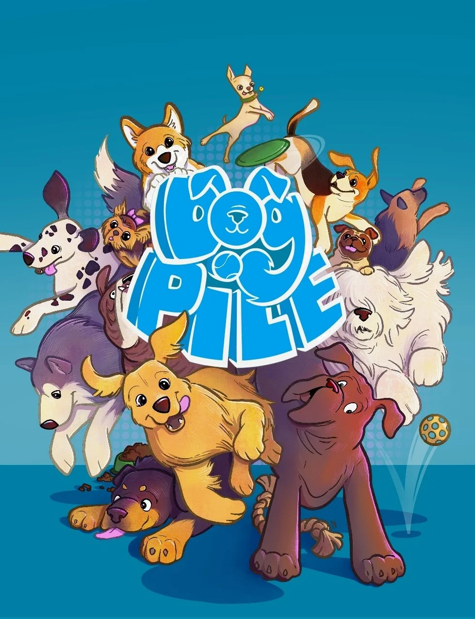 Cover art for the game "Dog Pile" showing many kinds of dogs in mid-jump