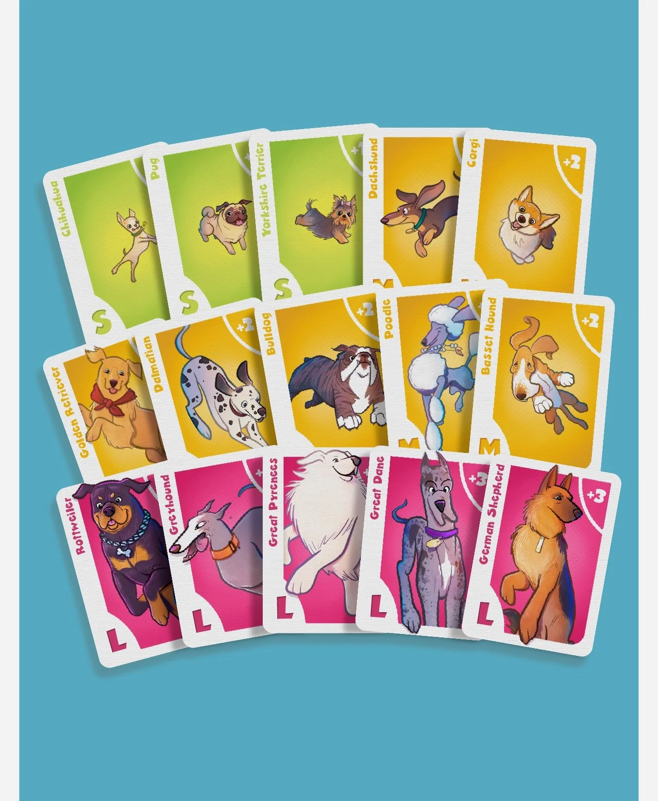 Spread of playing cards depicting a wide variety of dogs