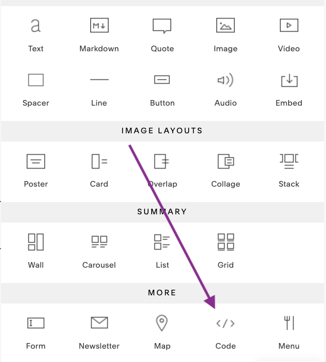 image showing the different squarespace blocks with an arrow pointing to code