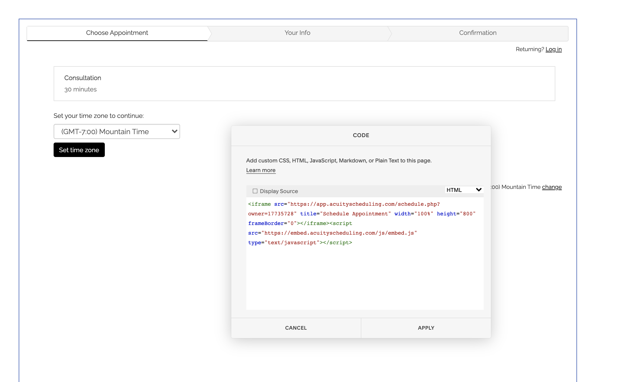 image showing code for acuity being put in a squarespace website
