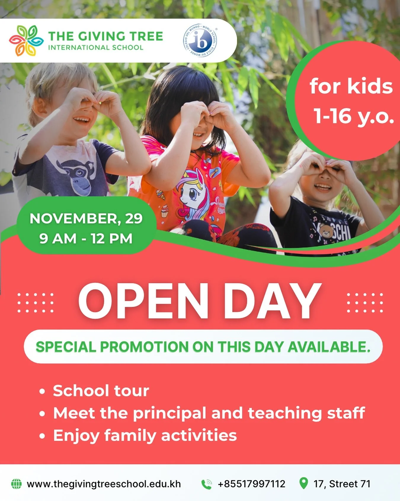 Save the date! Families with kids aged 1-16 are invited to Open Day 💚

Discover what makes The Giving Tree International School special! Tour our facilities, meet our Principal and dedicated team, learn about our vibrant learning environment, and as