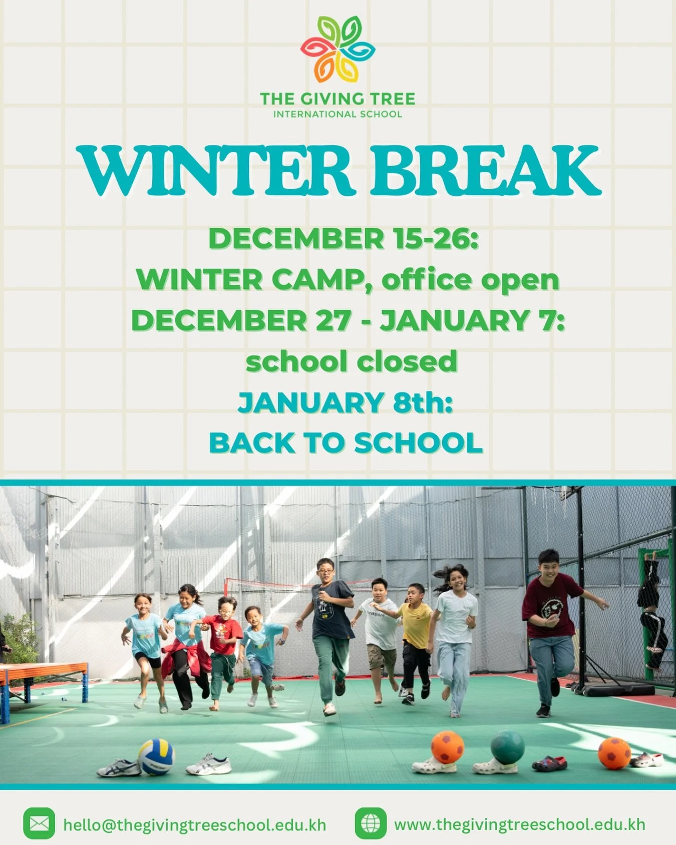 Winter Break Has Begun!

As the semester comes to a close, we wish our students and families a restful and joyful winter break. Thank you for a wonderful term filled with learning, growth, and memorable moments.

December 15 - 26: WINTER CAMP, office