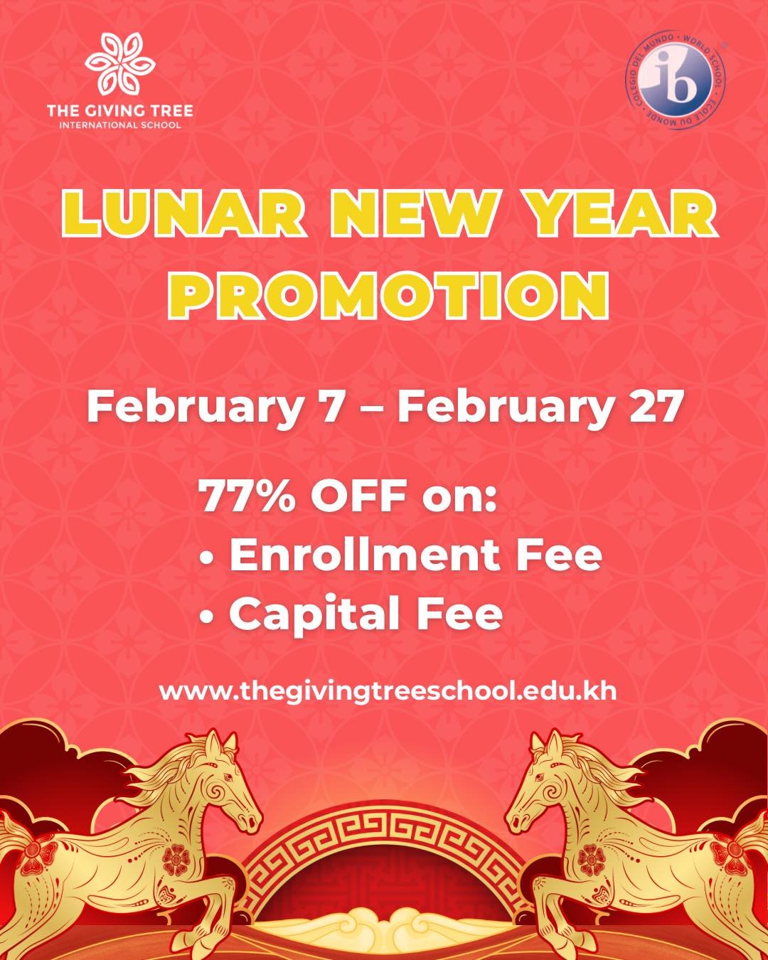 Lunar New Year Special - Lucky 7 Promotion 🎊

The Chinese New Year is a time for fresh beginnings, family, and good fortune - the perfect moment to start your child&rsquo;s international learning journey.

To celebrate, The Giving Tree International