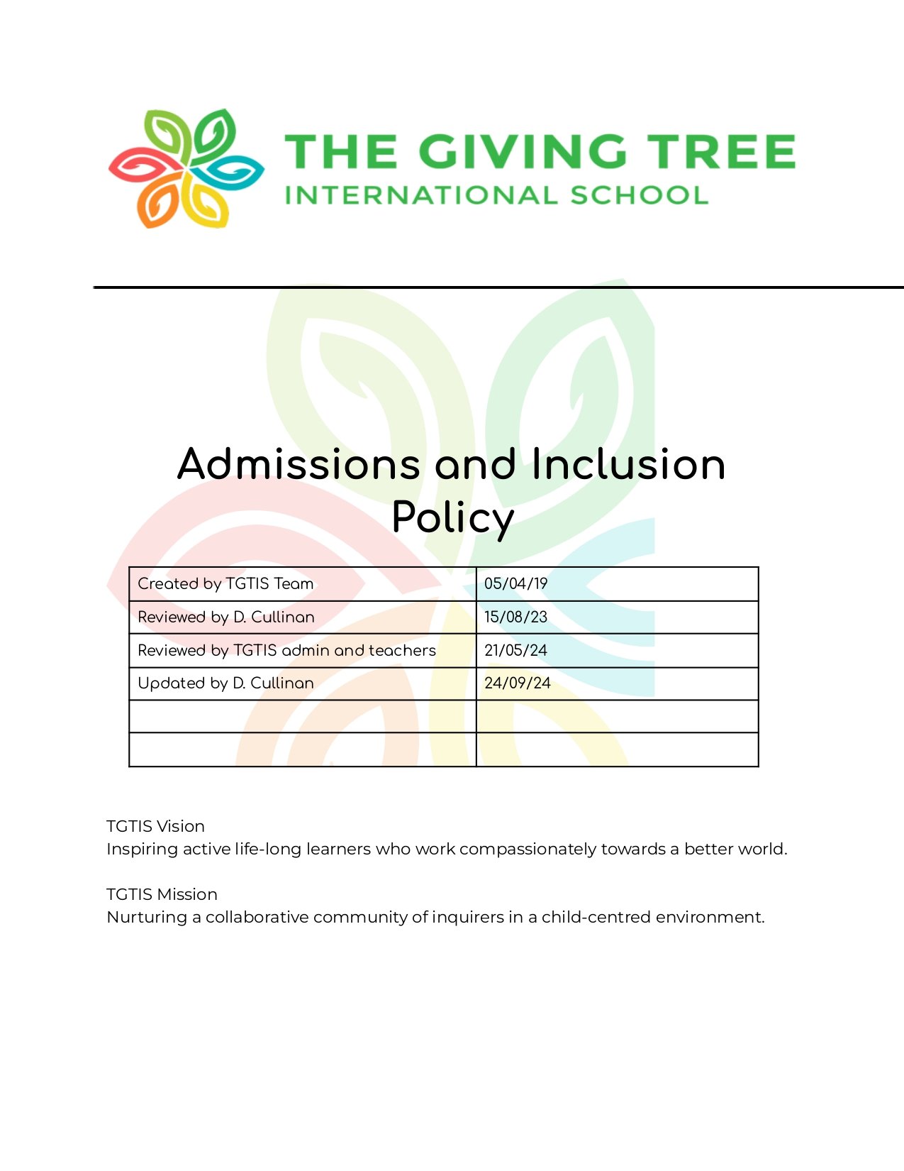 TGTIS Admission and Inclusion Policy