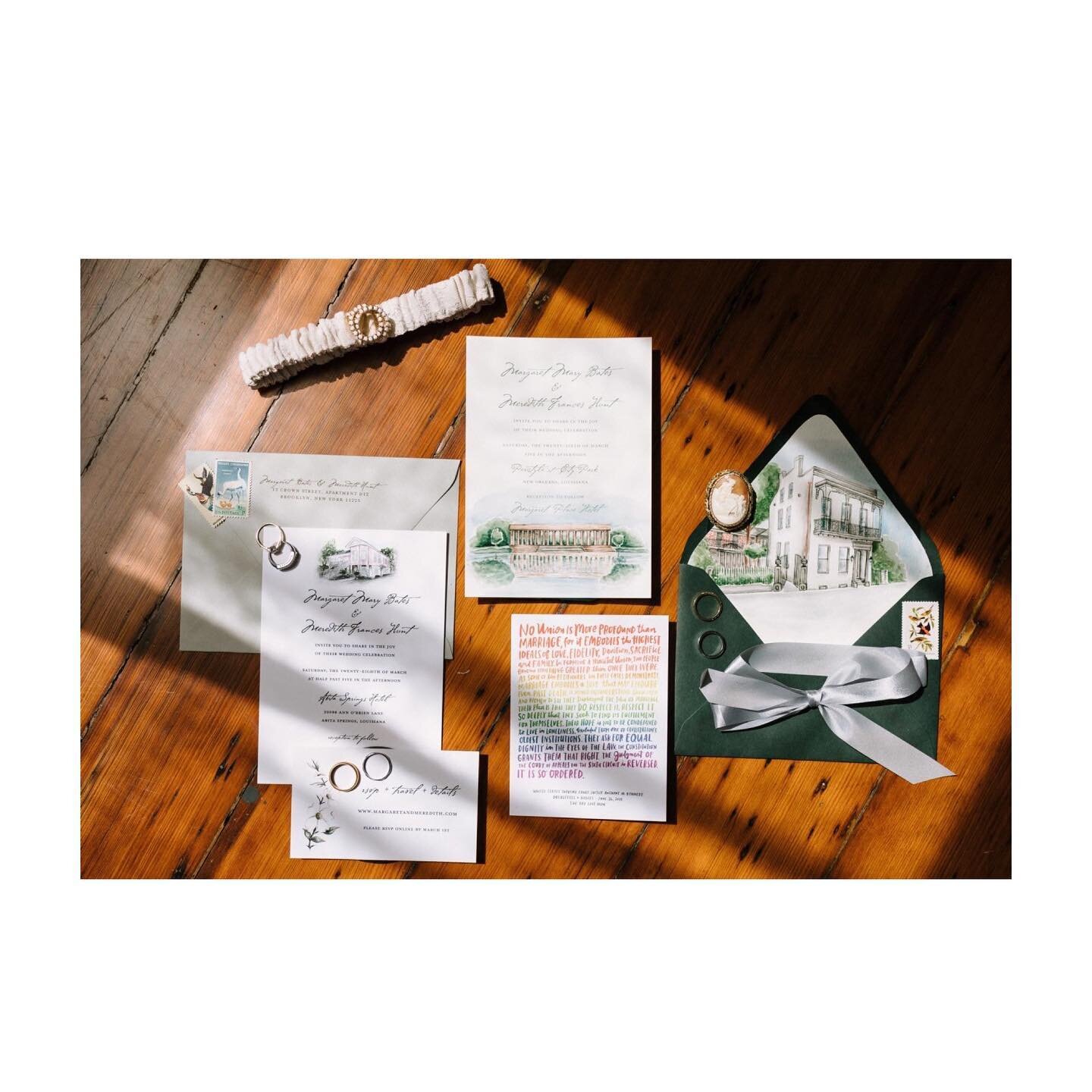 Perfection! That's the only word for Meredith and Margaret's wedding details. ⠀
⠀
I especially love their invitation suite featuring watercolor paintings of their venues and the rainbow rendition of Supreme Court Justice Kennedy's statement proclaimi