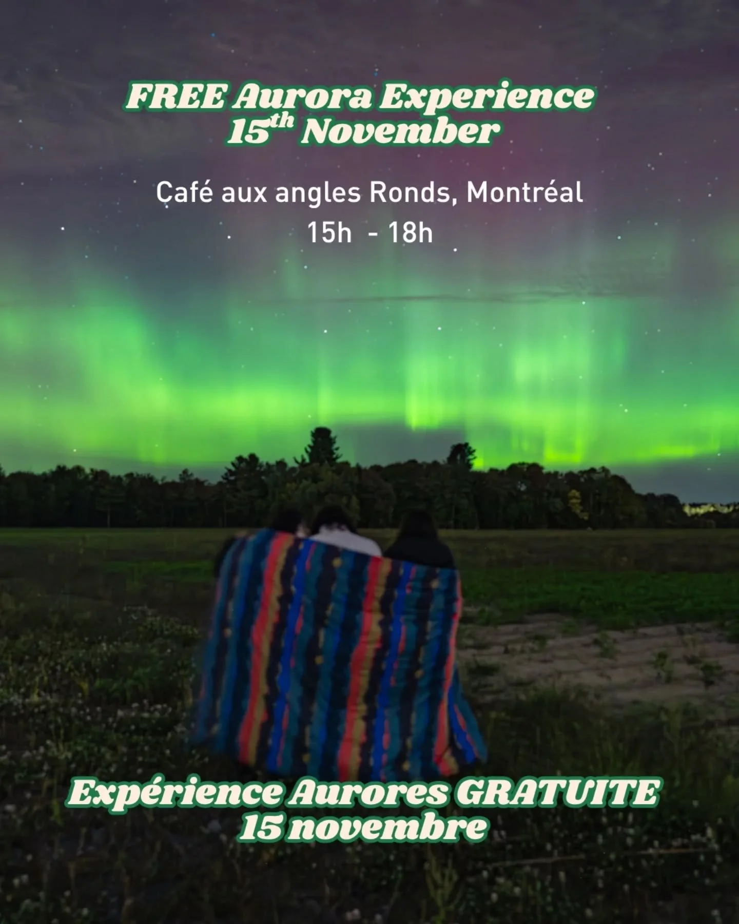 ✨ FREE Aurora Experience &mdash; Saturday Nov 15, 3&ndash;6 PM in Montr&eacute;al!
Learn, explore, try the VR aurora show, and enjoy exclusive discounts on prints + Zenderfull items.
Limited spots &mdash; reserve now! 🌌💜

✨ Exp&eacute;rience Aurore