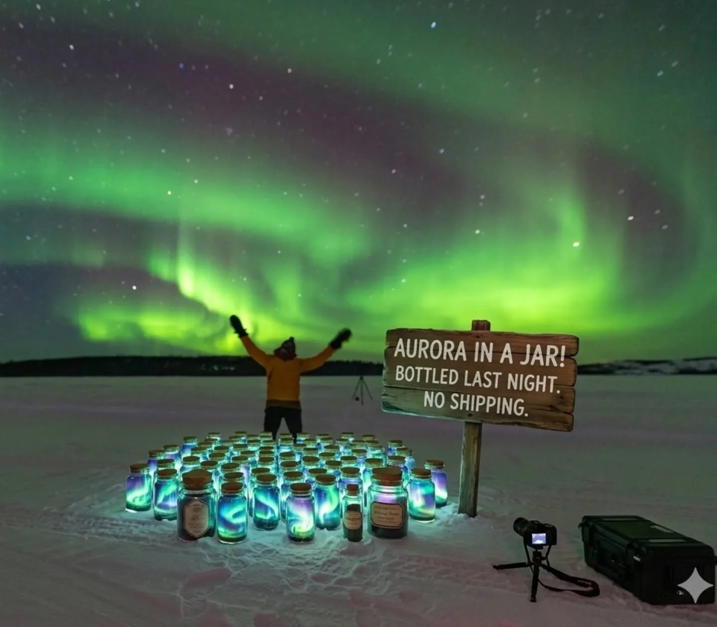 🌌 NEW PRODUCT ALERT / NOUVEAU PRODUIT 🌌

Stop checking the weather! After years of freezing our lens caps off, we&rsquo;ve finally done it: Aurora in a Jar. 🫙✨
Harvested fresh this morning. 100% organic, grass-fed photons. No more driving 3 hours 