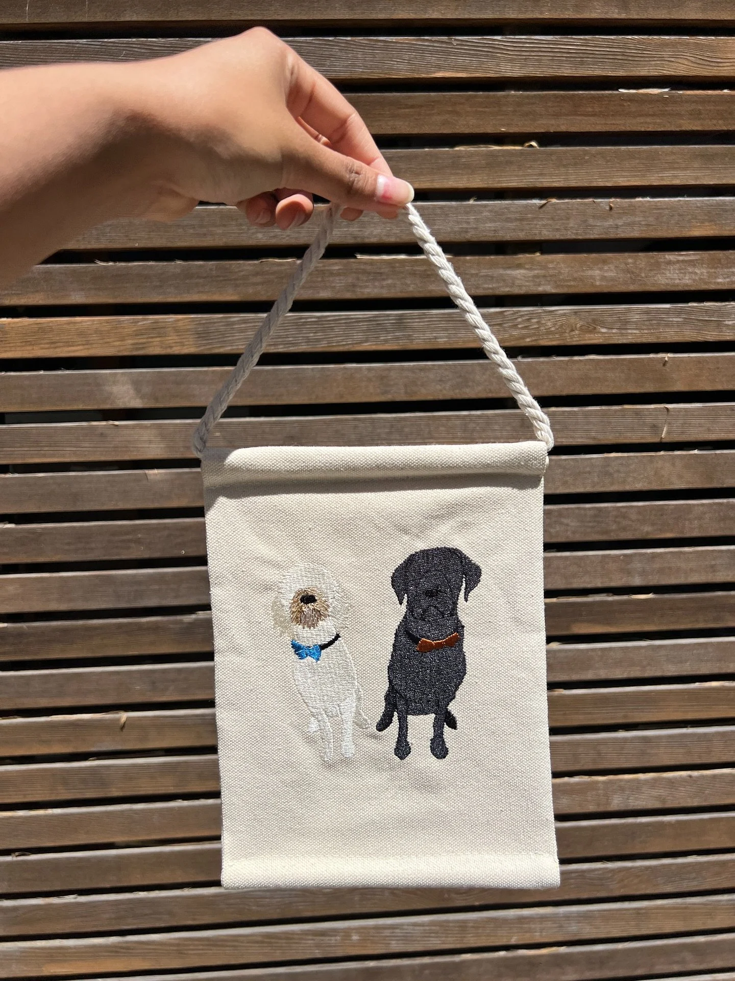 An adorable custom embroidery as a Christmas gift for a customer&rsquo;s friend&rsquo;s fur babies. 
As I program the stitching myself anything is possible!