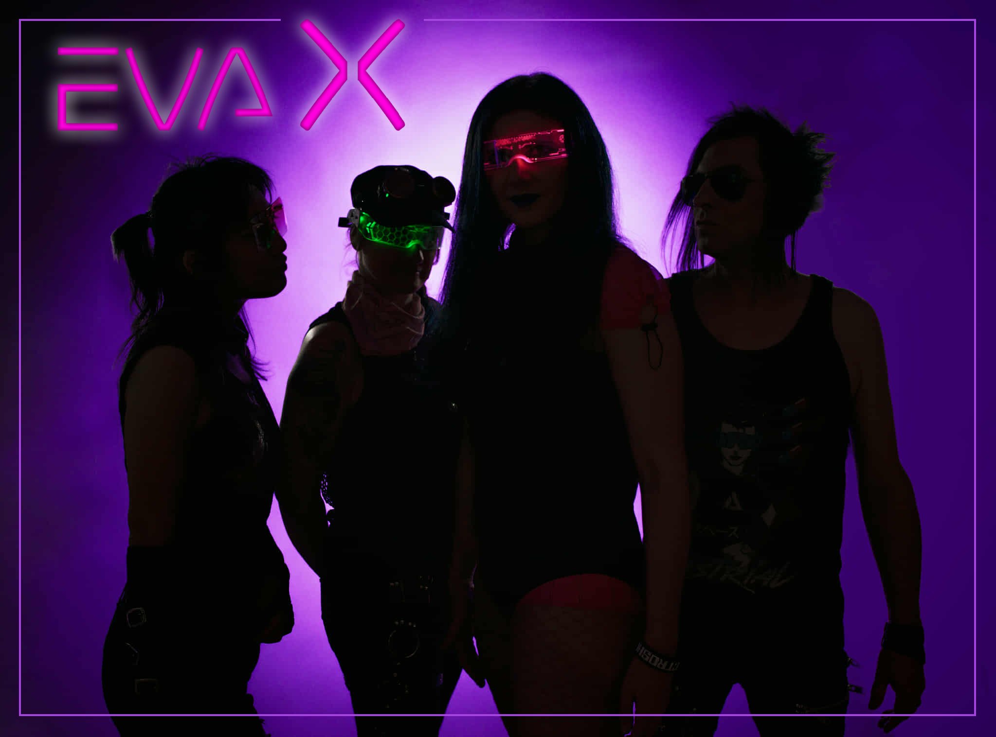 Silhouettes of four people standing in front of a purple neon background, with the word 'EVA X' illuminated in pink neon lights.