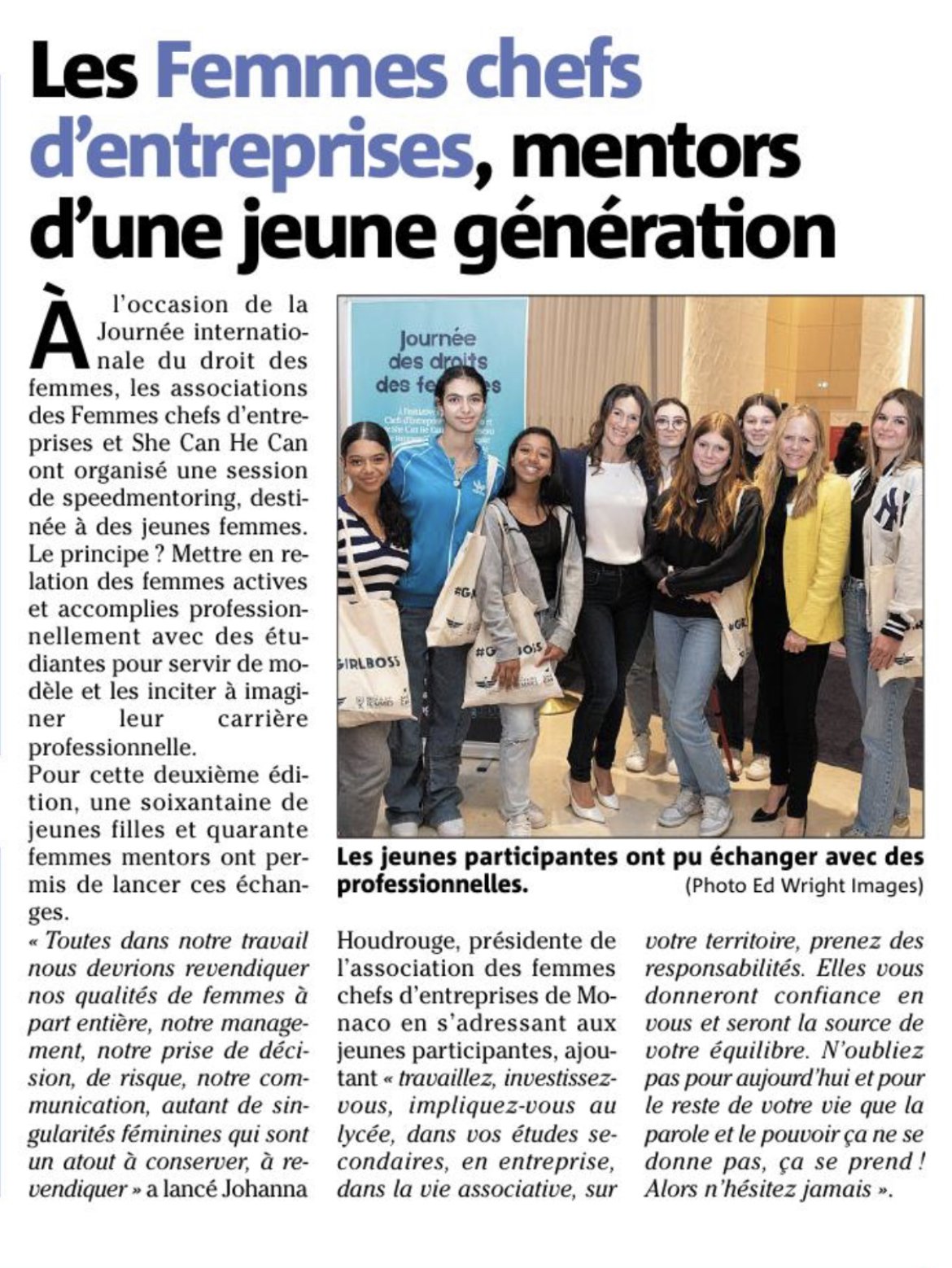 Article “Les Femmes Chefs d’Entreprises, Mentors d’une jeune génération” Monaco Matin