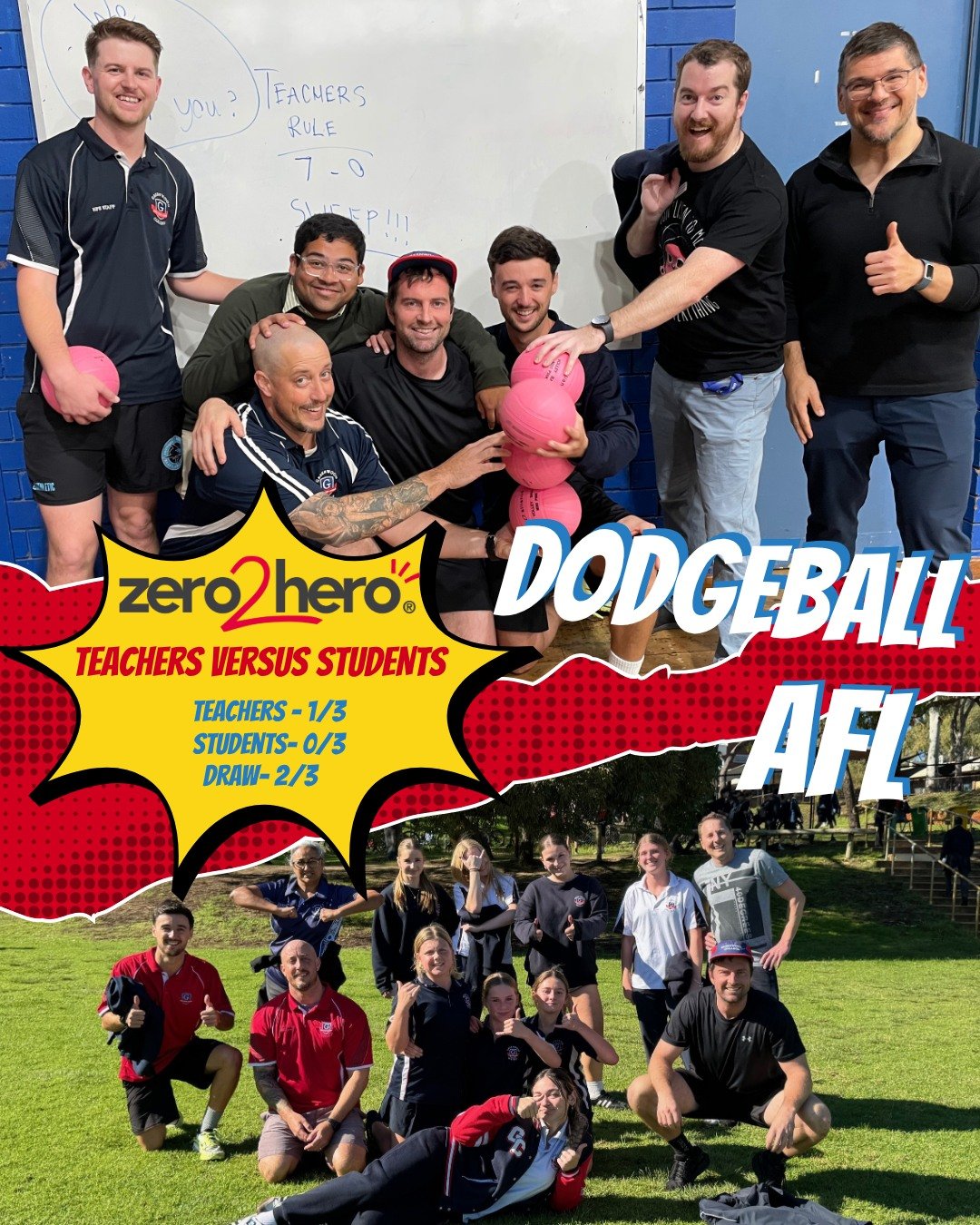 Zero2Hero may be over, but the rivalries live on…..
The results from the Students vs Teachers matches are in — and in Dodgeball, the teachers took the win, while AFL ended in an epic draw! 🎯🏉
Turns out students are great at dodging e