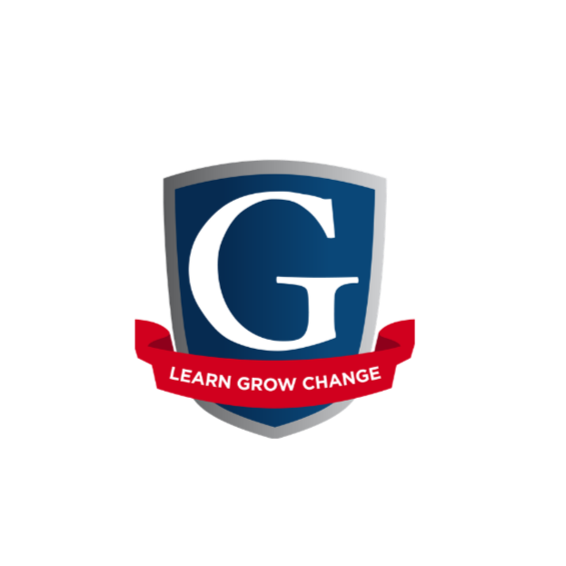 Logo with a shield, the letter G, and text 'C.A.R.E. BEAR' on top and bottom, with a red banner reading 'LEARN GROW CHANGE'.