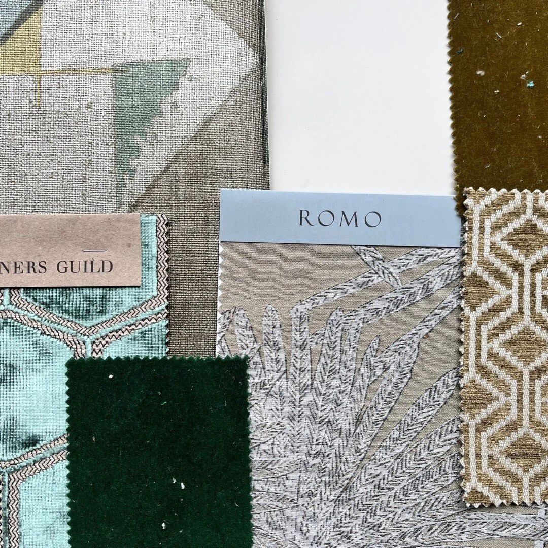 This is the final soft furnishing scheme for my Art Deco themed living room. The colours are calm and neutral. The wallpaper has an Art Deco pattern with a lovely texture and the luxury continues in the curtain fabric and lustrous velvet cushion fabr