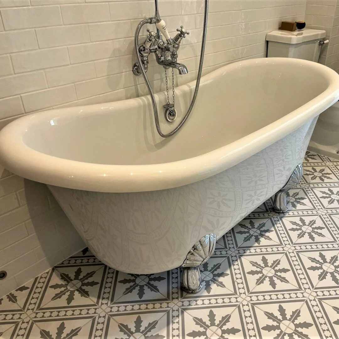 I love a classic style free-standing bath and chose this one to go in my client's master en-suite. I continued with the country style by choosing hand made metro tiles for the wall and a two toned patterned tile for the floor.

Bath @Burlingtonbathro