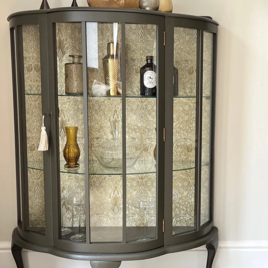 Drinks cabinets are very popular with my customers even if it's more of a decorative cupboard like this one rather than a fitted bar with appliances. I love the style of this piece which was an old cabinet that was updated with new paint, wallpaper a