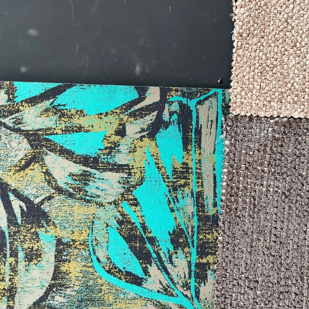 I was asked to source a feature wallpaper, wall colour and sofa fabric for a client. The room in question was naturally dark so we decided to make it a TV room and embrace the darkness. I found this striking leaf pattern and combined it with an off b