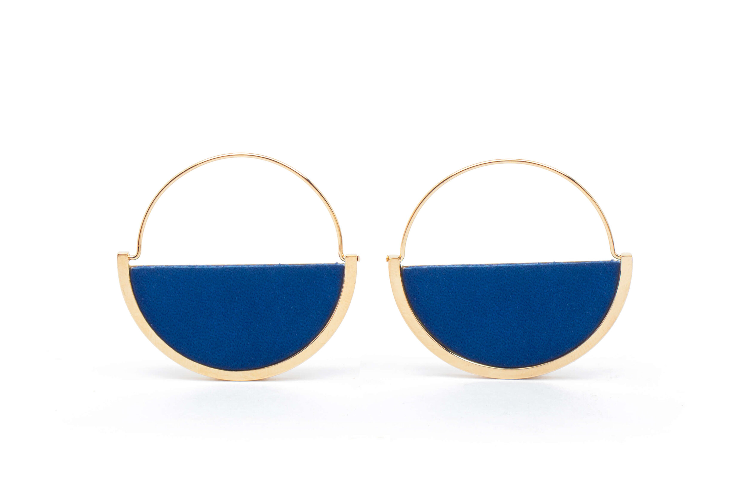 Earrings - Collection Demi-Lune in blue leather and golden brass Size L - Pascaline Viraben