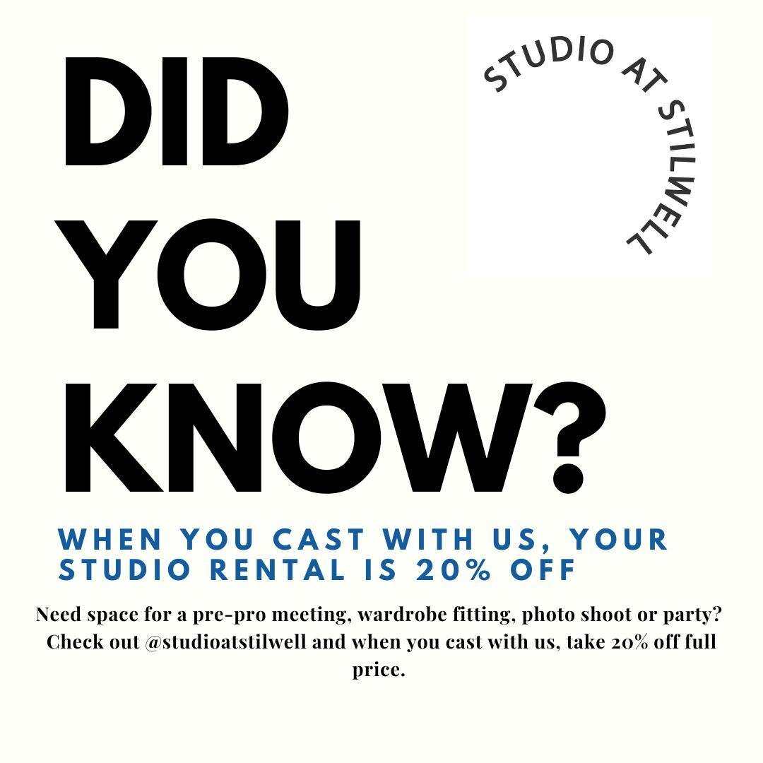 Did you know? 20% off studio rentals for folks who cast with us! #themoreyouknow #midtownstudiorental #stilwellcasting @studioatstilwell @stilwellcastingatl