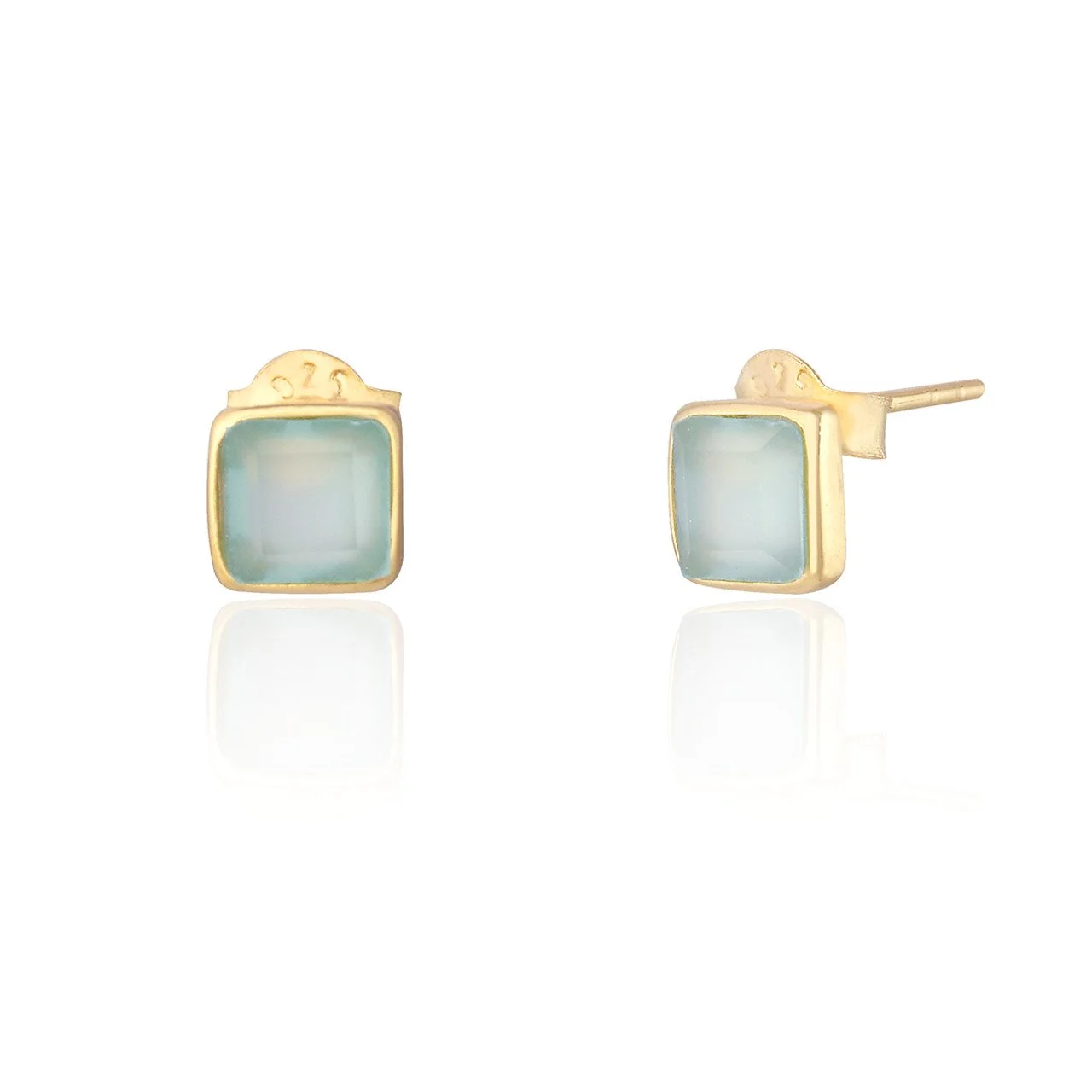 Sea Mist Green Chalcedony - Square Gold Stud Earrings