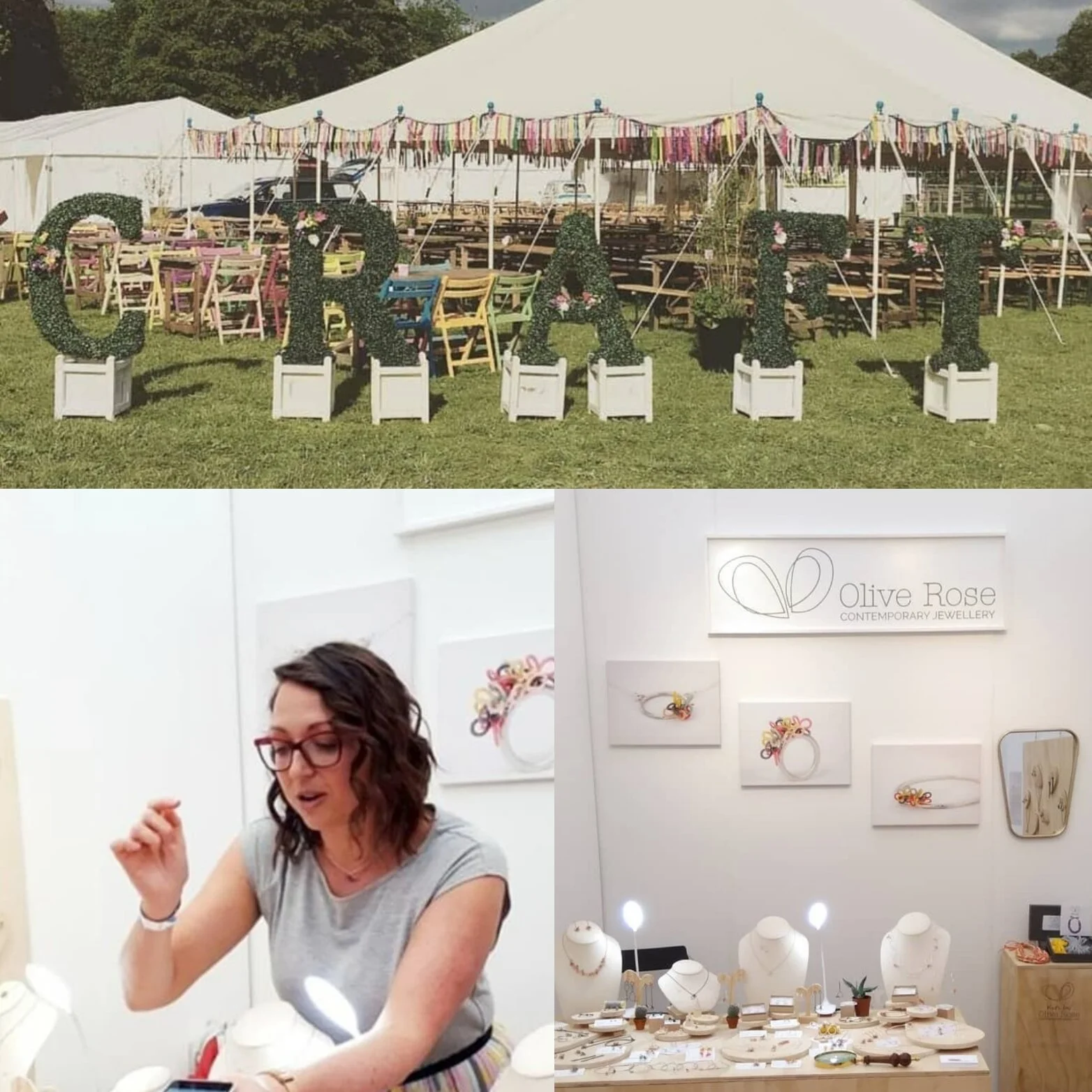 An outdoor event with a large white tent, decorated with colorful streamers, and a display of chairs. The indoor exhibits feature a woman with glasses, jewelry displays, and signs for Olive Rose Contemporary Jewelry.