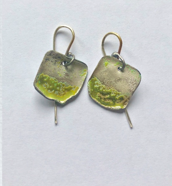 Green vitreous enamel drop earrings handmade by contemporary jeweller Cath Hill