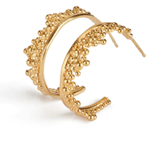 Gold hoop earrings with delicate granulation by contemporary jeweller Hannah Bedford